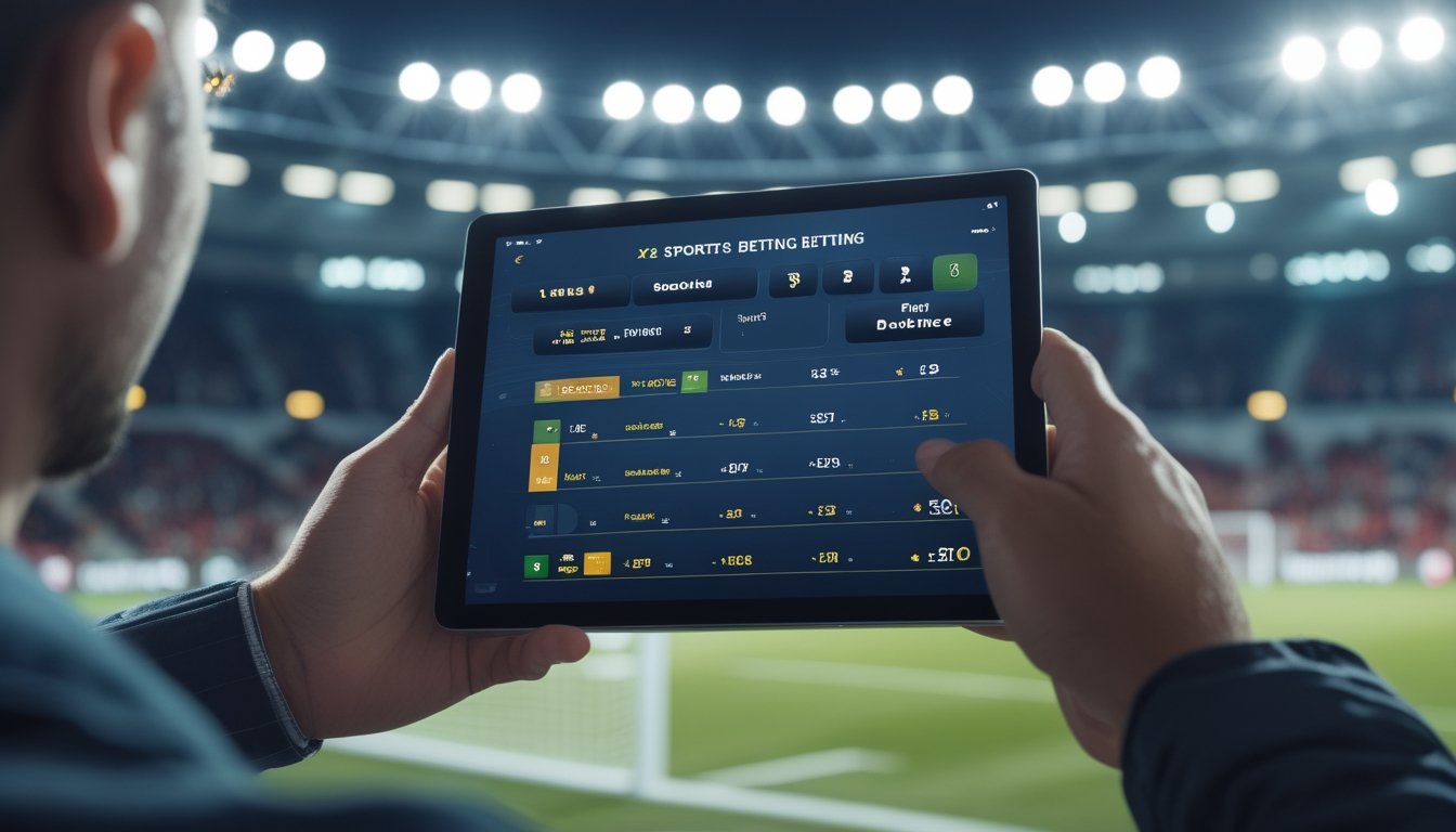 Tangan seseorang menggunakan tablet dengan tampilan taruhan sepak bola, latar belakang stadion sepak bola yang ramai.
