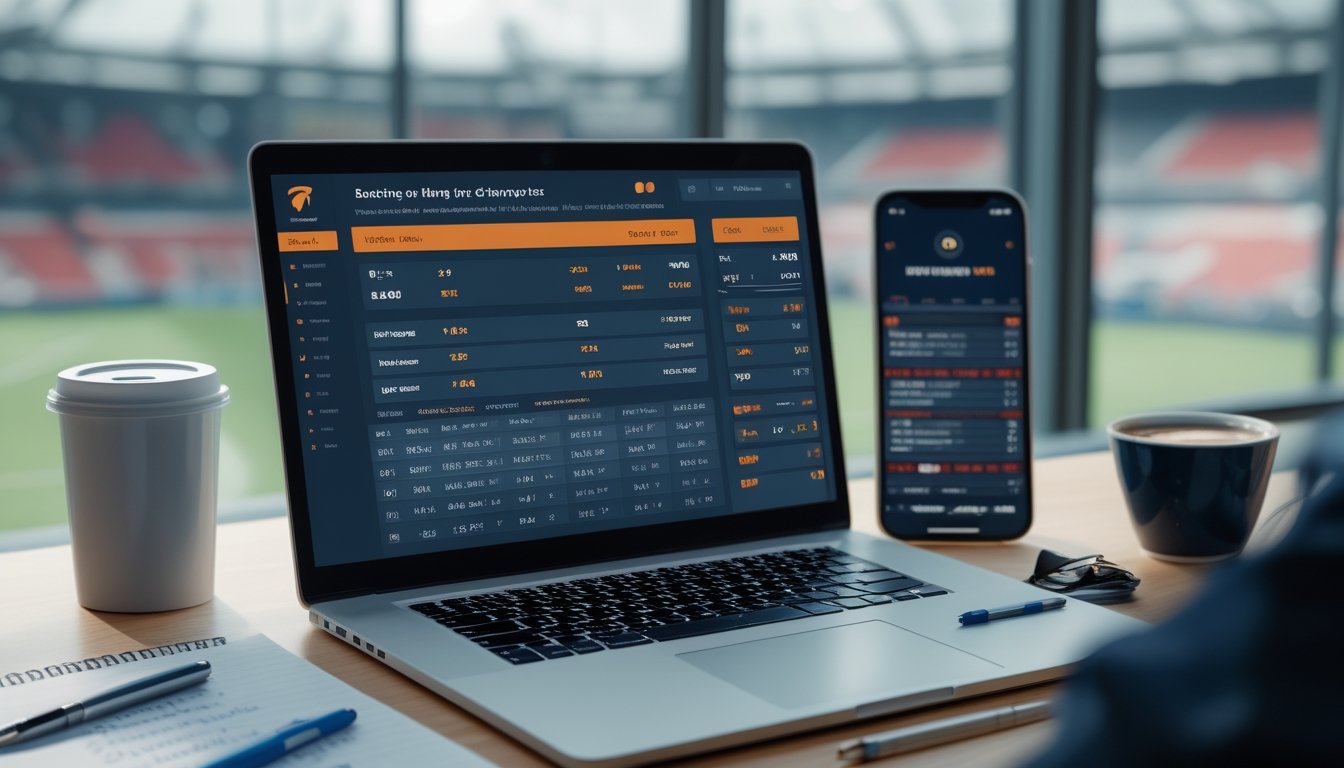Seorang profesional sedang bekerja dengan laptop yang menampilkan statistik dan peluang taruhan sepak bola, di meja terdapat catatan dan ponsel, latar belakang stadion sepak bola terlihat melalui jendela besar.