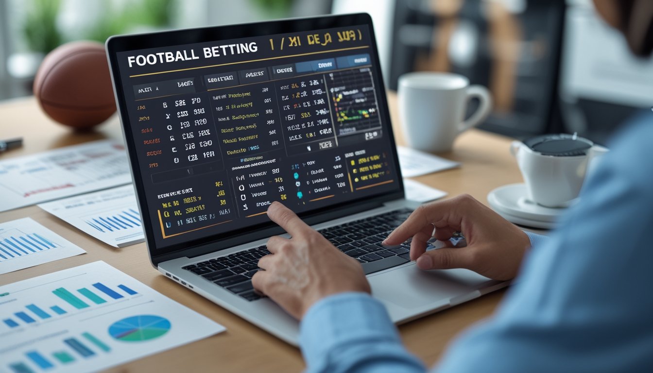 Meja kerja dengan laptop yang menampilkan statistik dan peluang taruhan sepak bola, tangan seseorang menunjuk layar, bola sepak dan cangkir kopi di meja.