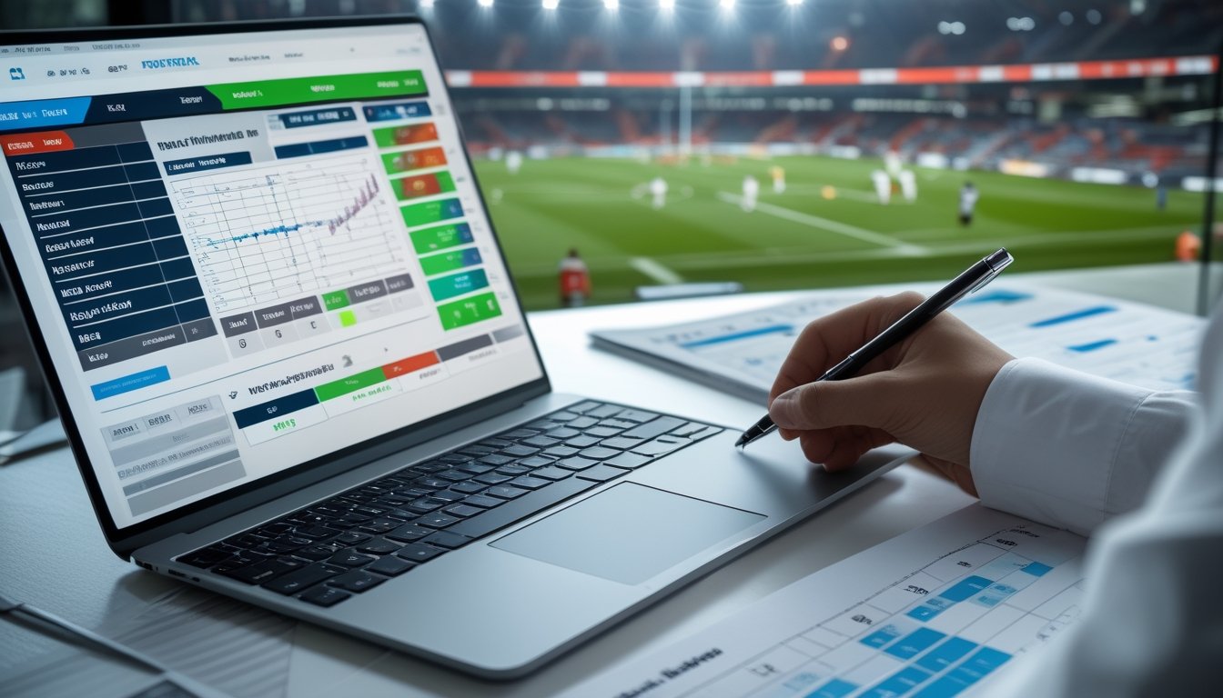 Seseorang sedang menganalisis data pertandingan sepak bola di laptop dan kertas dengan latar belakang stadion sepak bola yang terlihat melalui jendela.