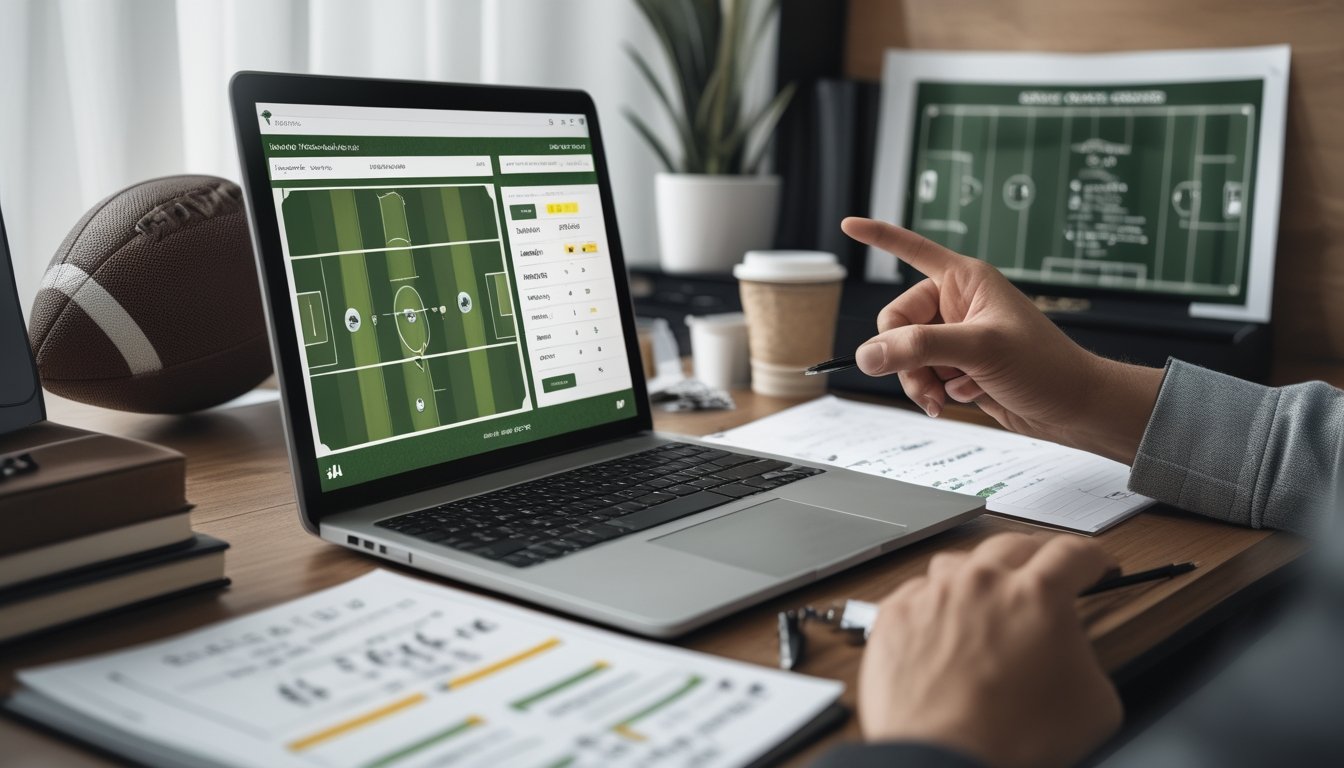 Meja kerja dengan laptop yang menampilkan pertandingan sepak bola dan peluang taruhan, tangan menunjuk layar, serta beberapa grafik dan catatan tentang tim sepak bola.