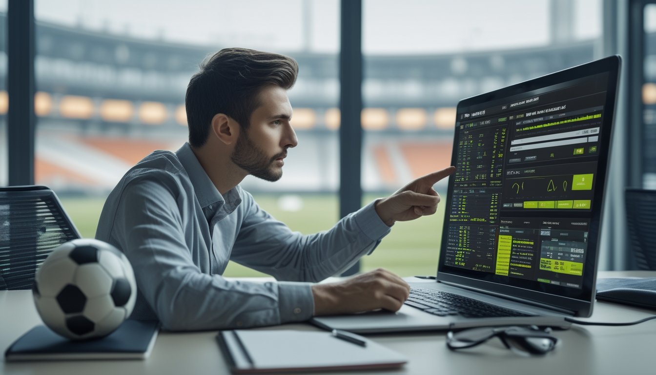 Seorang pria fokus menganalisis strategi taruhan sepak bola di depan laptop dengan layar menampilkan statistik pertandingan dan bola sepak di meja.