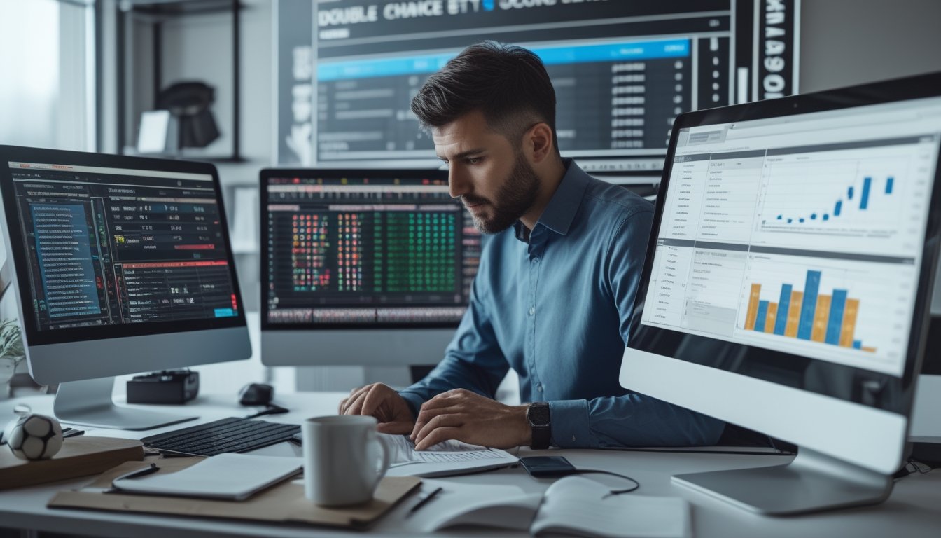 Seorang analis olahraga sedang memeriksa layar komputer yang menampilkan data dan statistik taruhan sepak bola Double Chance di sebuah kantor modern.