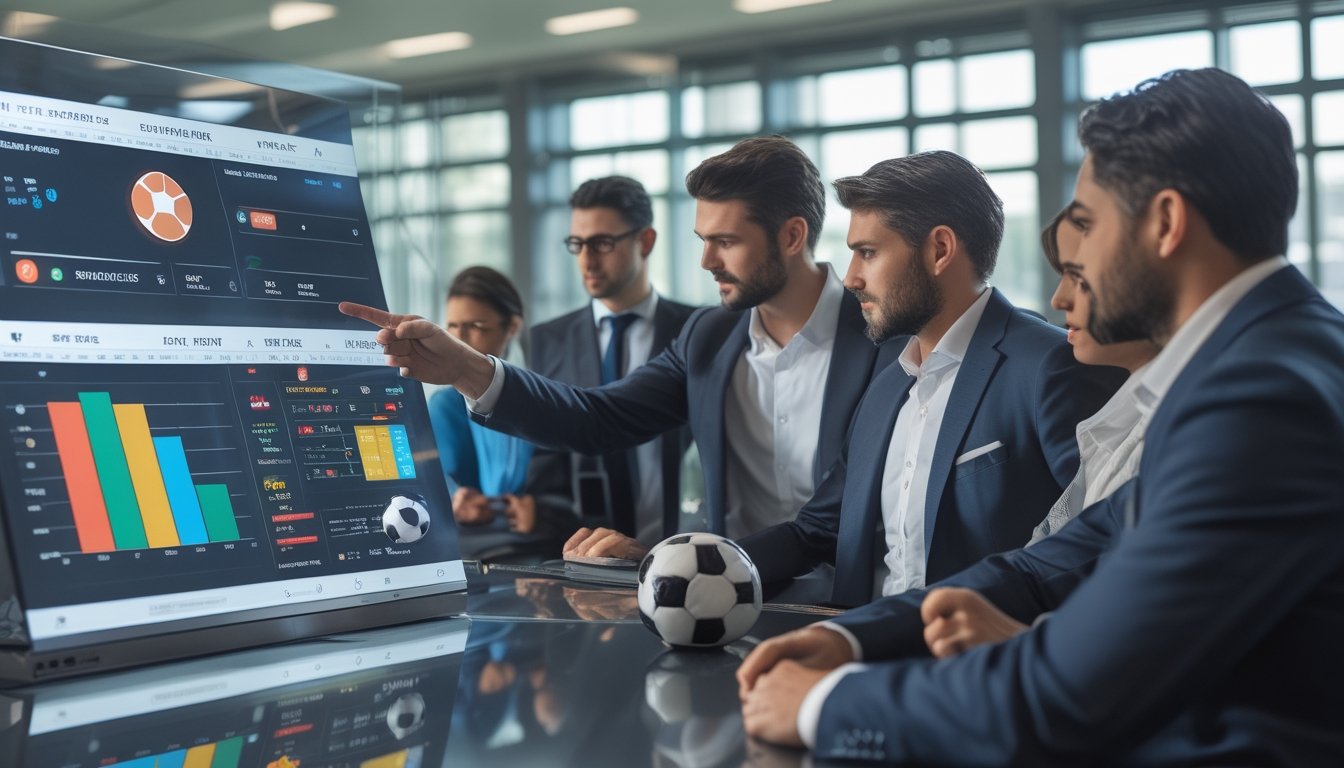 Sekelompok orang sedang menganalisis data taruhan sepak bola di layar digital dengan latar belakang stadion sepak bola.