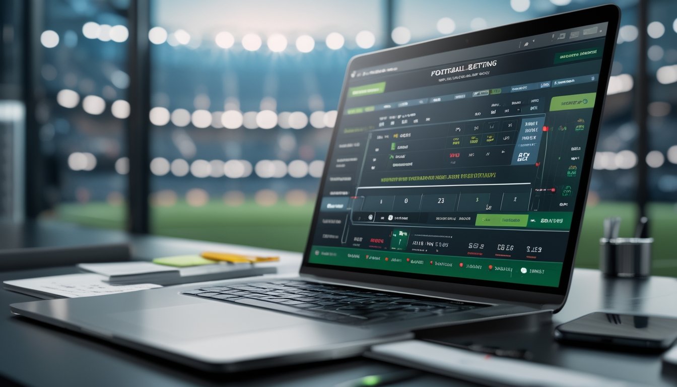 Meja kerja modern dengan laptop yang menampilkan antarmuka taruhan sepak bola, di latar belakang terlihat stadion sepak bola yang terang.