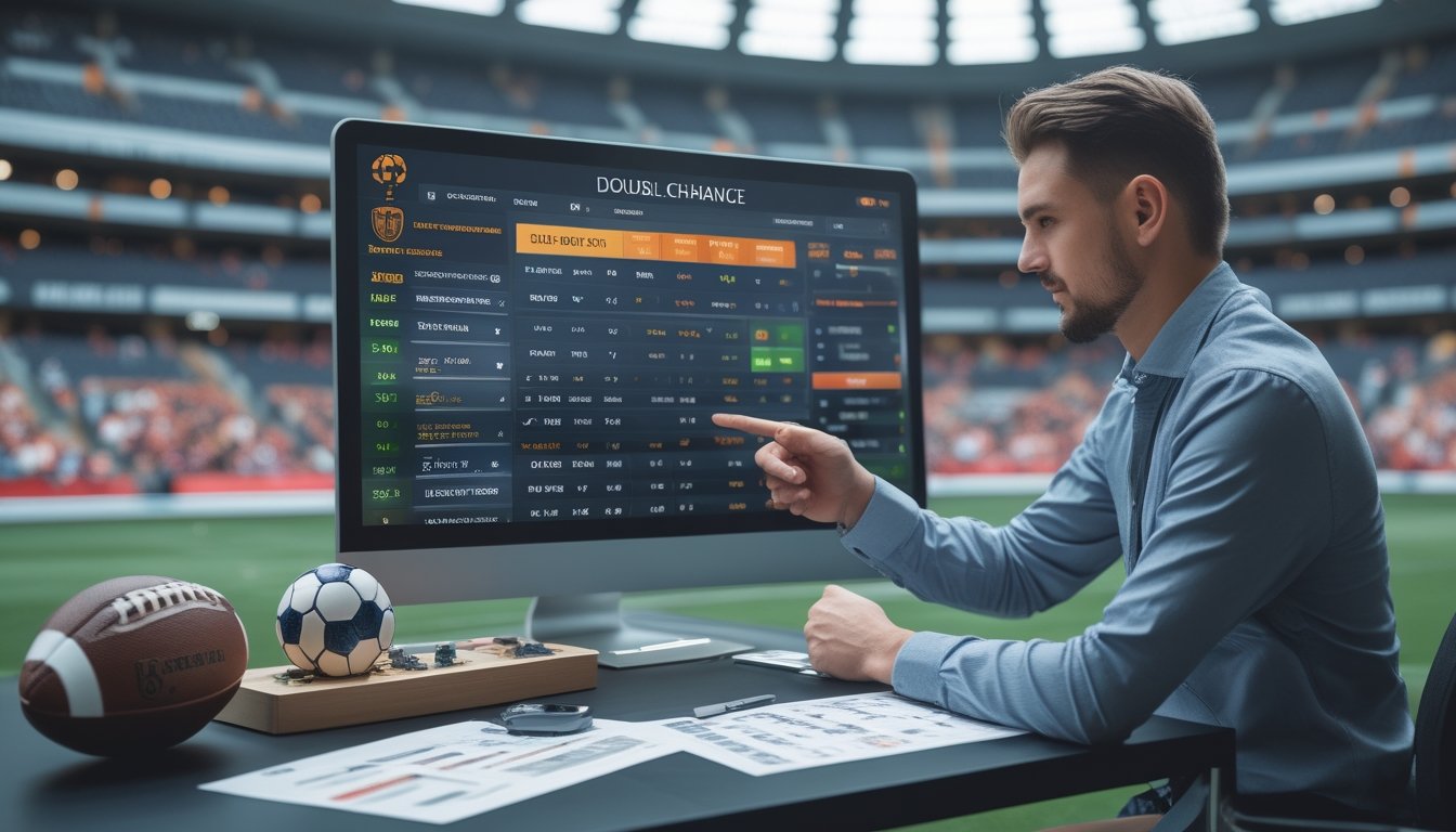 Seorang profesional sedang menganalisis data taruhan sepak bola di depan layar komputer dengan bola dan papan strategi di meja.