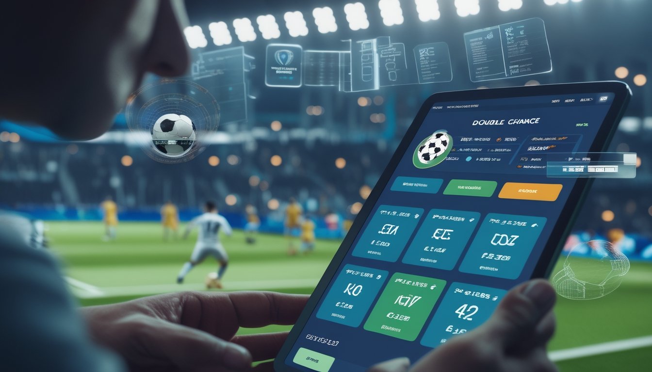 Tampilan dekat antarmuka taruhan digital dengan latar belakang stadion sepak bola yang sedang berlangsung pertandingan.