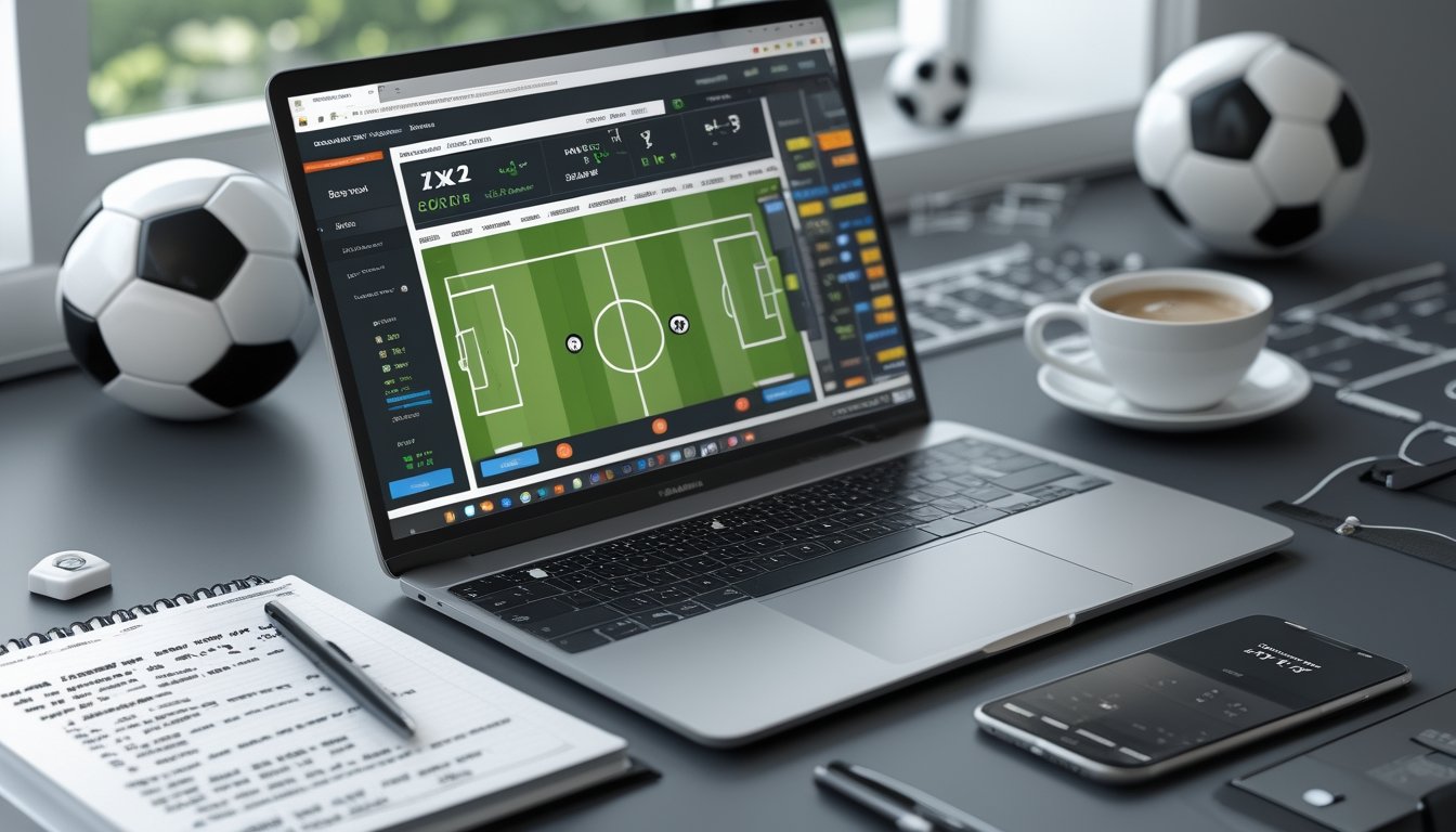 Meja kerja dengan laptop menampilkan situs taruhan sepak bola, notepad dengan catatan strategi, bola sepak, dan papan taktik.