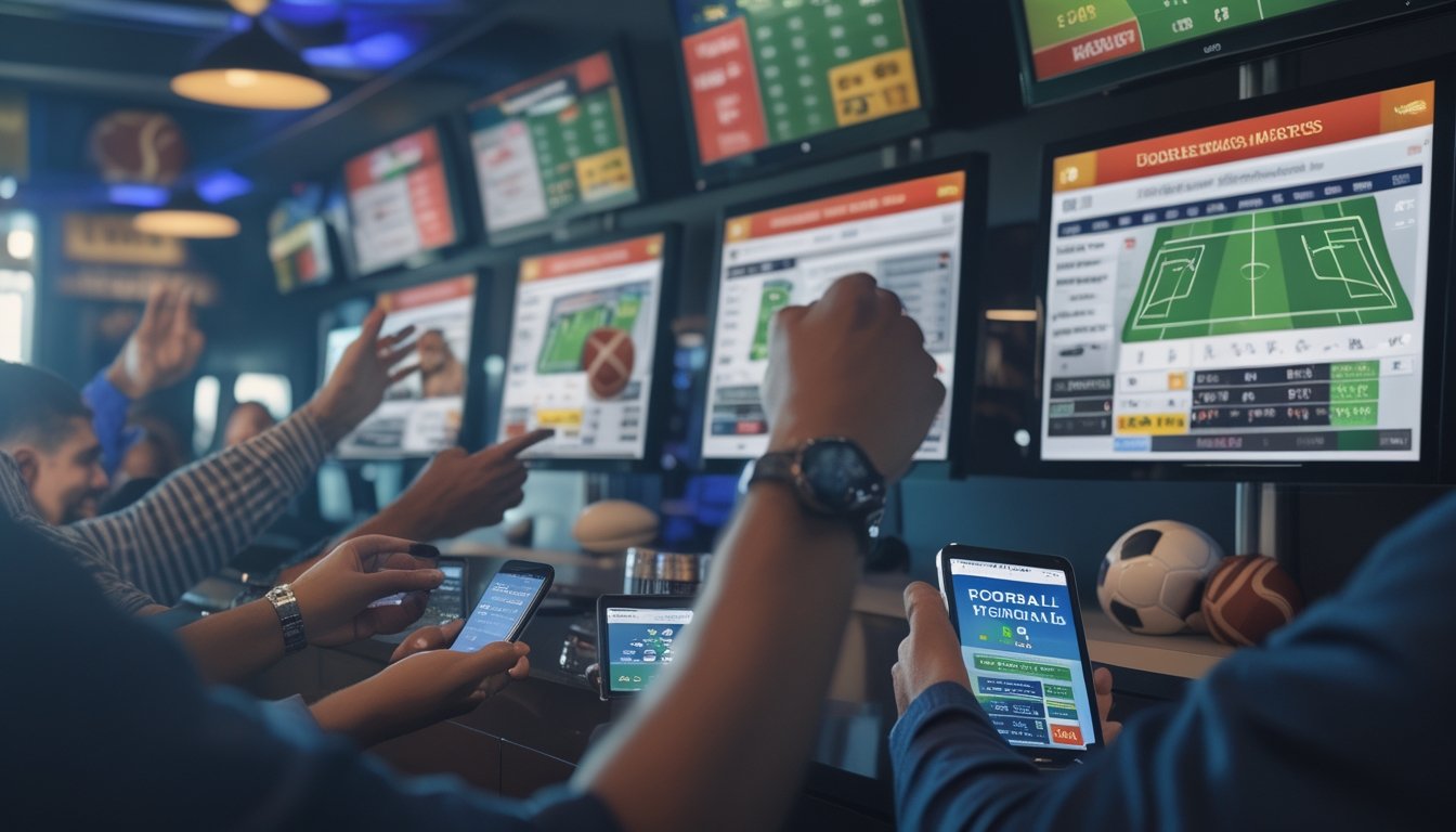 Sekelompok orang sedang melihat layar digital dengan informasi taruhan sepak bola dan menggunakan ponsel di sebuah ruang taruhan olahraga.