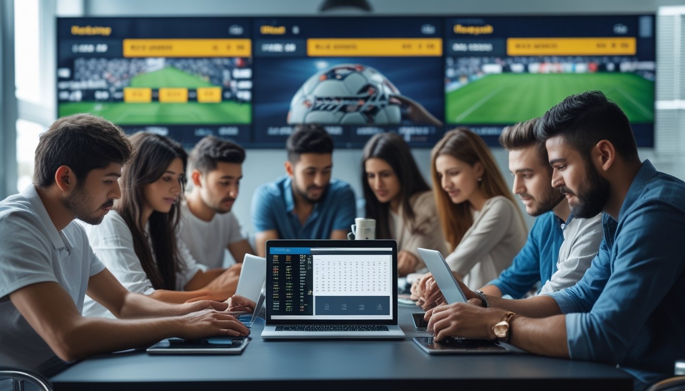Beberapa orang sedang menggunakan perangkat digital untuk menganalisis taruhan sepak bola di sebuah ruangan modern.