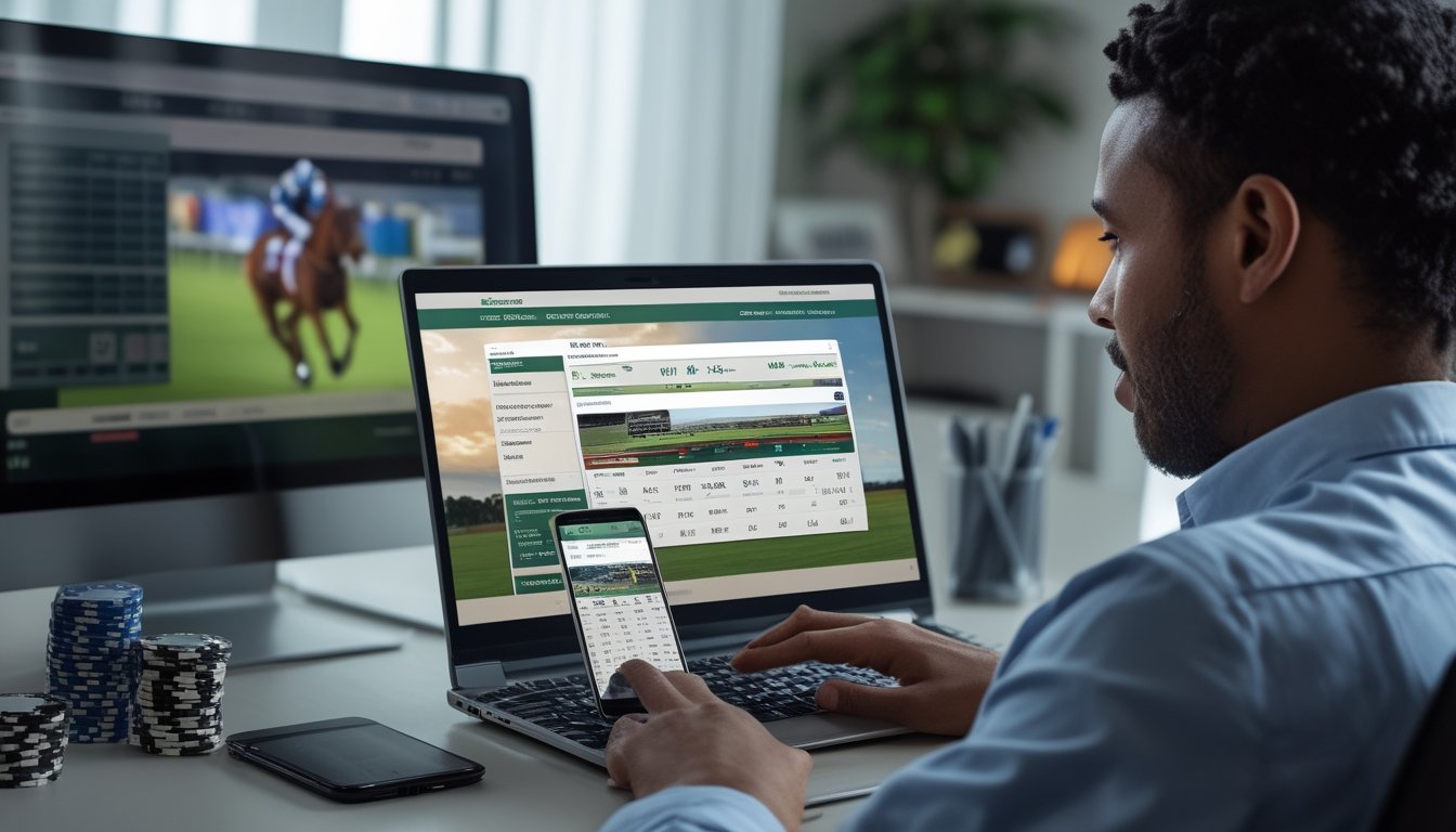 Seorang dewasa duduk di meja kerja menggunakan laptop dan ponsel, menampilkan platform taruhan pacuan kuda online dengan suasana nyaman dan modern.