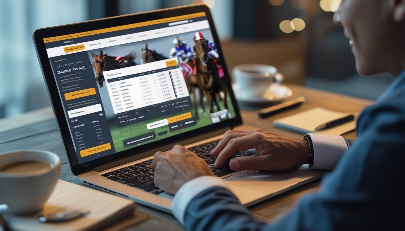 Seorang pria menggunakan laptop untuk memasang taruhan pacuan kuda secara online, dengan layar menampilkan grafik kuda berlari dan jadwal balapan.