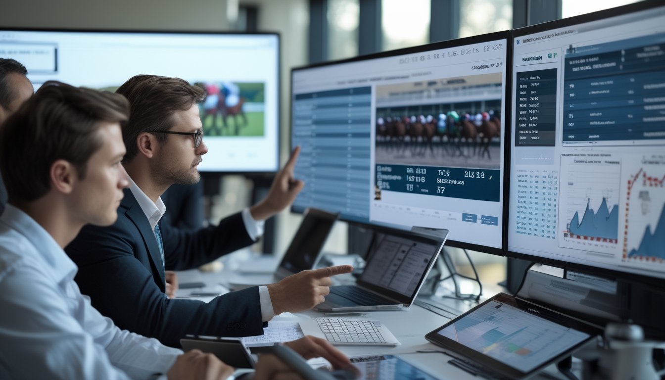 Sekelompok orang sedang menganalisis data statistik pacuan kuda di sebuah kantor modern dengan layar digital yang menampilkan grafik dan informasi balapan kuda.