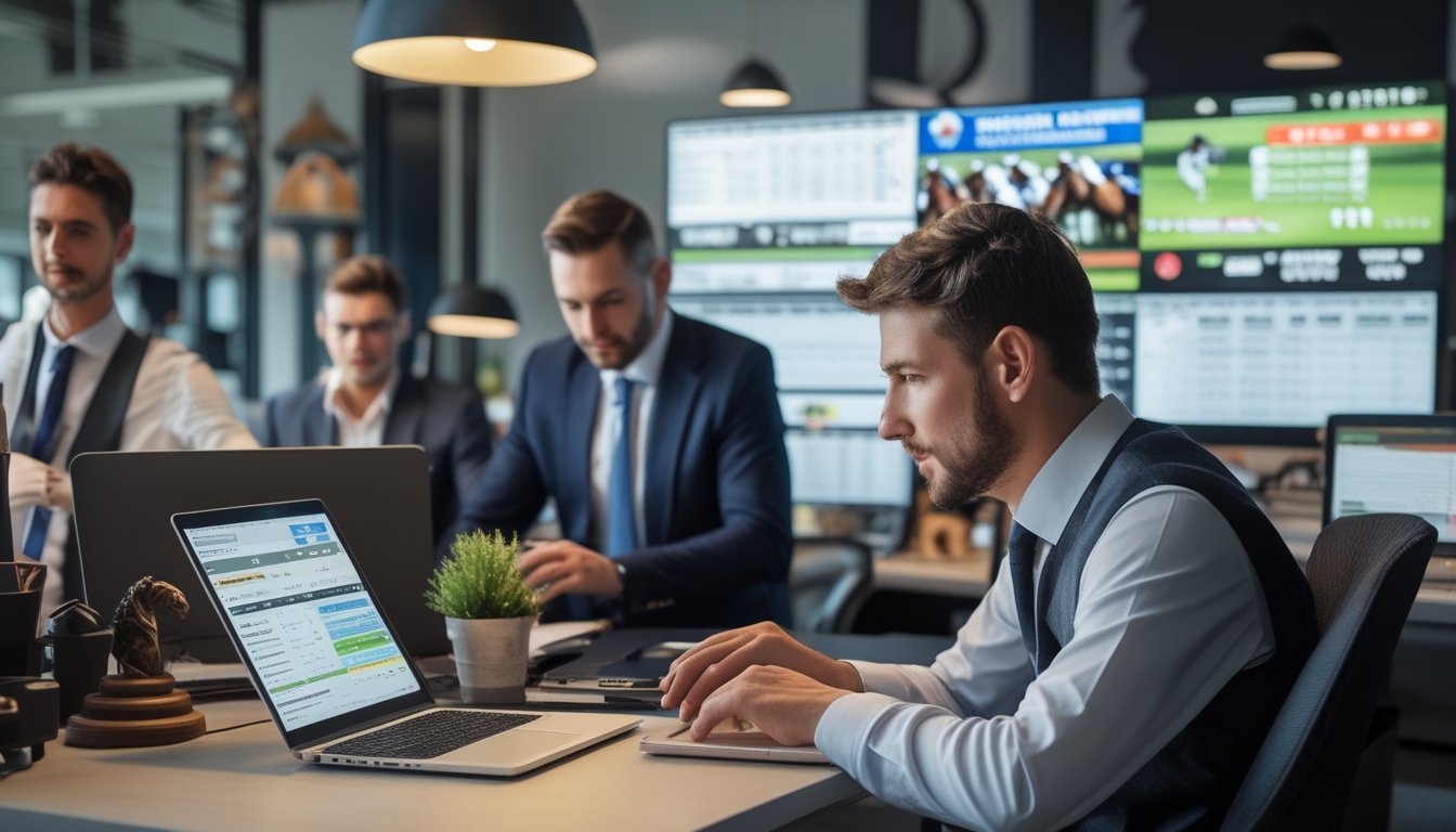 Beberapa orang profesional sedang menggunakan komputer untuk memasang taruhan pacuan kuda online di sebuah kantor modern.