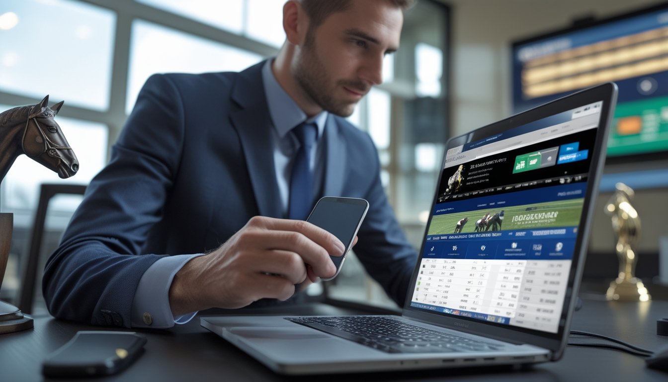 Seorang pemain taruhan profesional menggunakan laptop dan ponsel untuk memasang taruhan pacuan kuda online di ruang kerja modern.