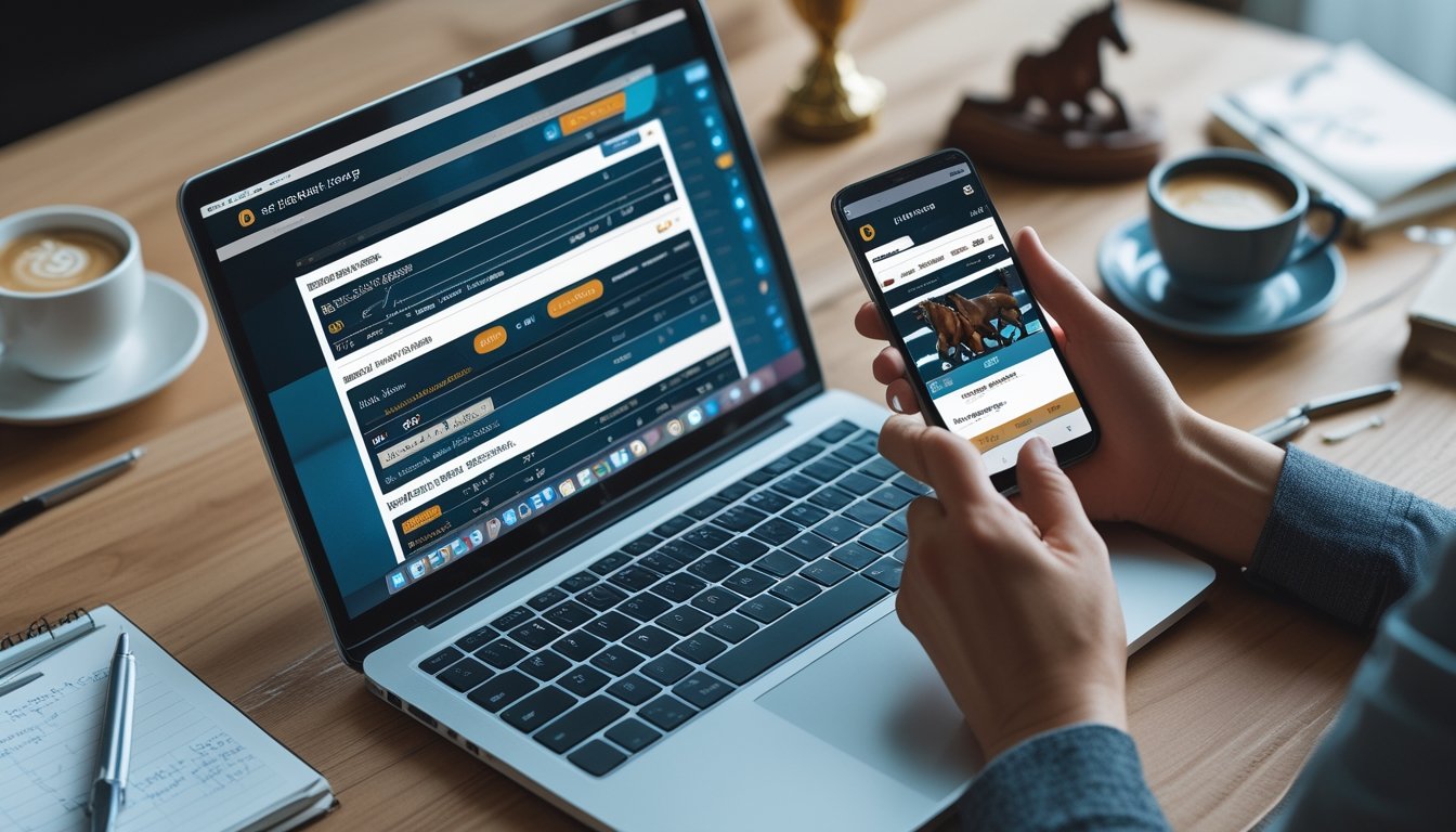 Seseorang menggunakan laptop dan ponsel untuk memasang taruhan pacuan kuda online di meja kerja dengan kopi dan catatan.