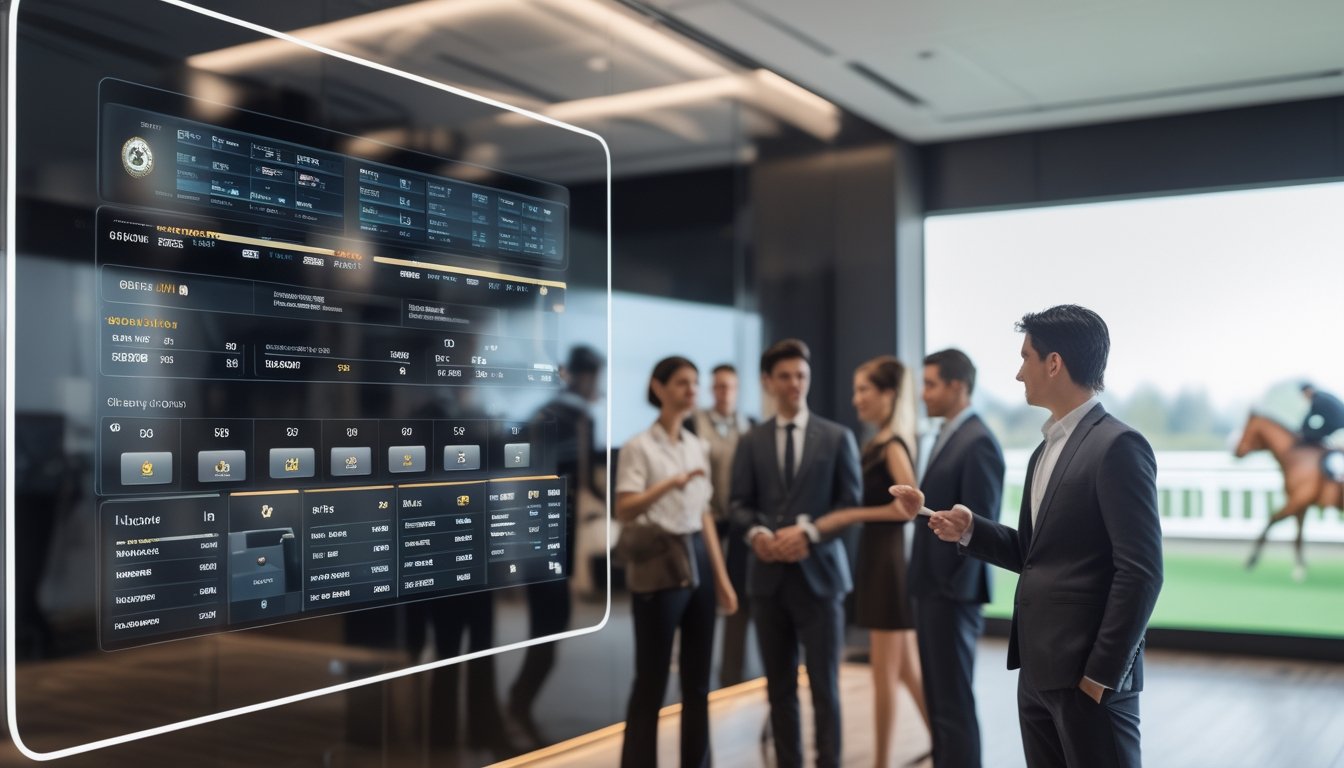 Orang-orang menggunakan platform taruhan pacuan kuda modern dengan layar digital menampilkan statistik dan pembaruan balapan, dengan latar belakang pacuan kuda yang sedang berlangsung.
