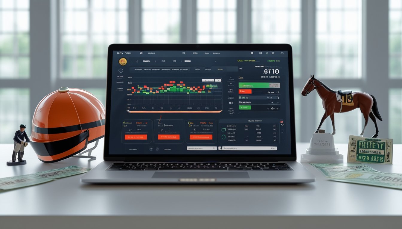 Sebuah laptop dan ponsel menampilkan platform taruhan pacuan kuda modern dengan grafik dan opsi taruhan, diletakkan di atas meja di ruang kantor yang terang.