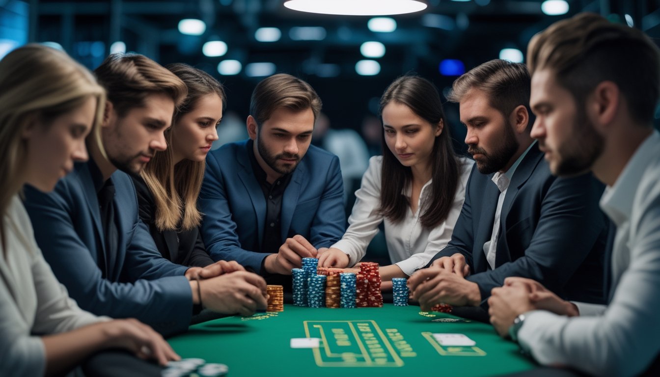 Beberapa pemain poker sedang bermain di meja poker dengan tumpukan chip dan kartu dalam suasana permainan cepat.