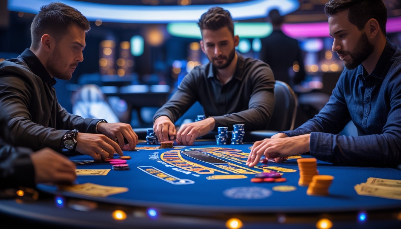 Tiga pemain poker sedang bermain Spin & Go dengan fokus dan antusias di meja poker di kasino modern.