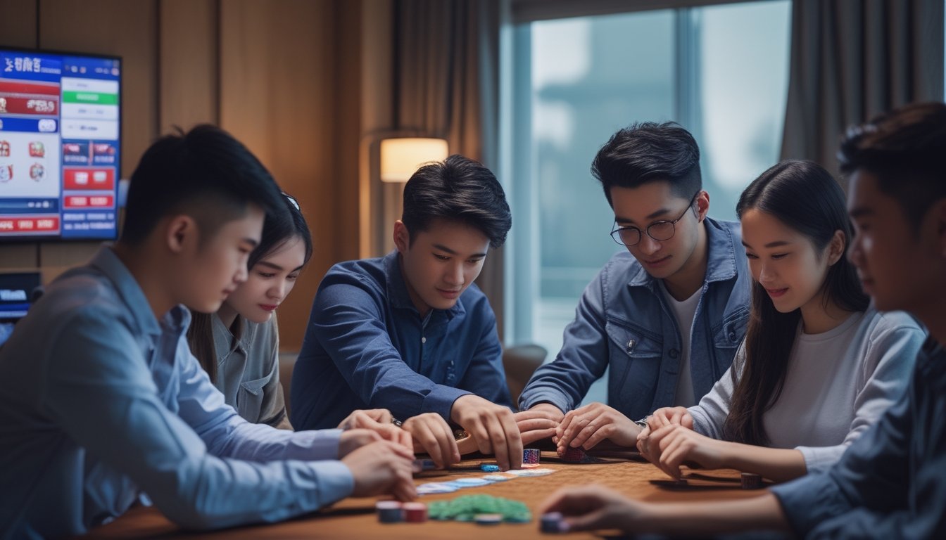 Sekelompok orang muda sedang bermain Chinese Poker di meja dengan kartu dan chip, suasana santai dan fokus.