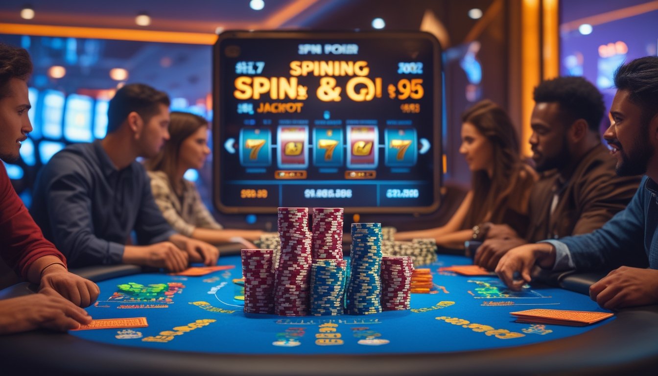 Beberapa pemain poker berkumpul di meja dengan tumpukan chip dan kartu, fokus bermain dalam suasana kasino yang hangat dan modern.