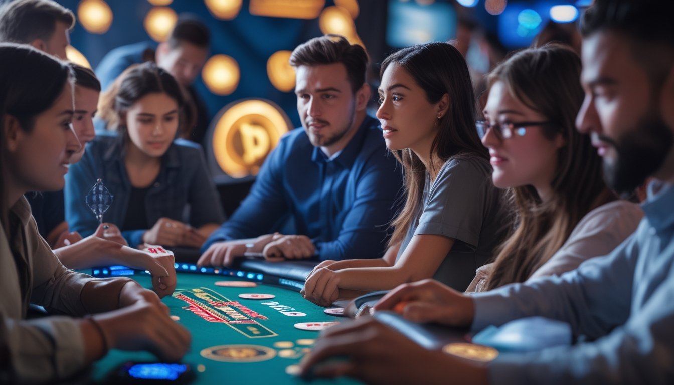 Beberapa pemain poker sedang bermain Spin & Go Poker dengan tumpukan chip dan kartu di meja, menampilkan suasana kompetitif dan hadiah jackpot besar.