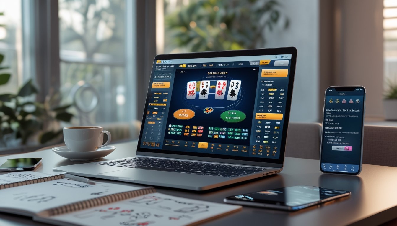 Meja kerja dengan laptop yang menampilkan permainan poker China online, notebook dengan catatan strategi, kopi, dan ponsel dengan aplikasi taruhan.