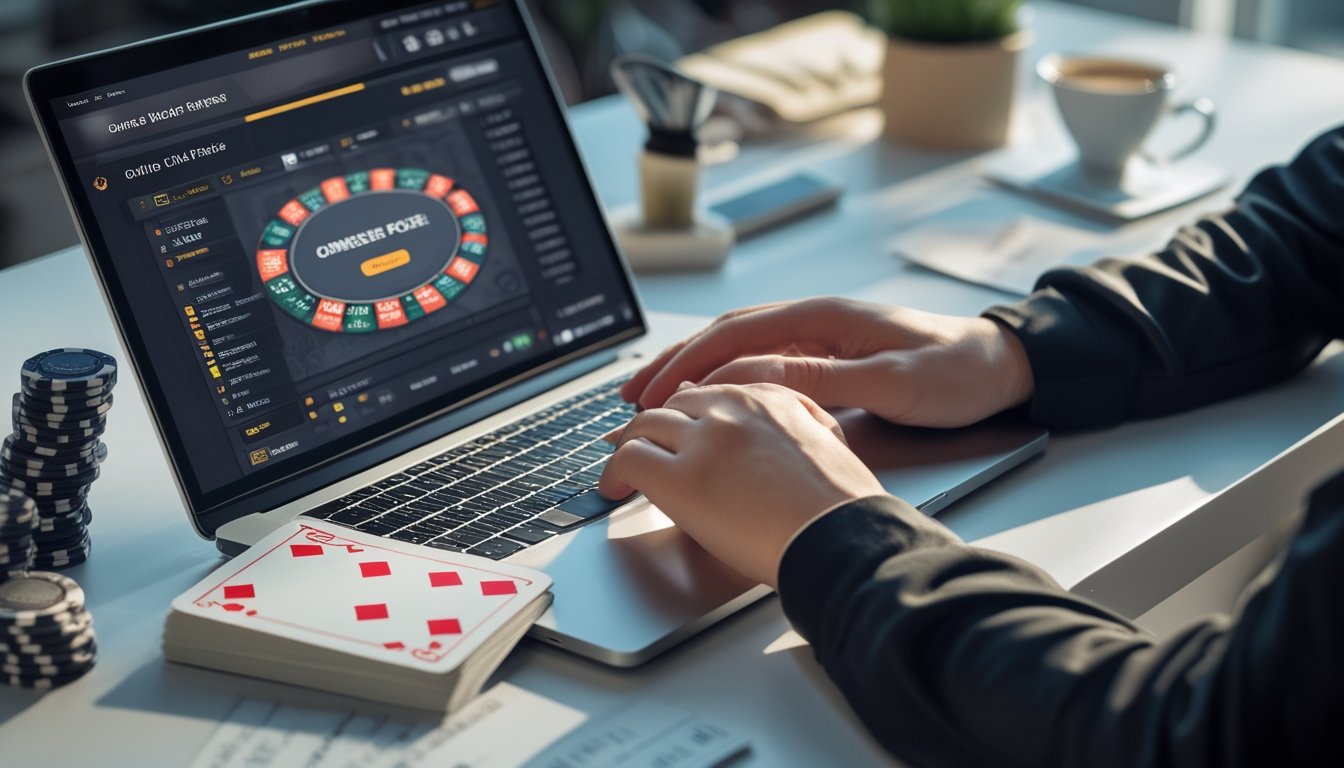 Seorang pemain sedang fokus bermain Chinese Poker online di depan laptop dengan kartu dan chip poker di meja.