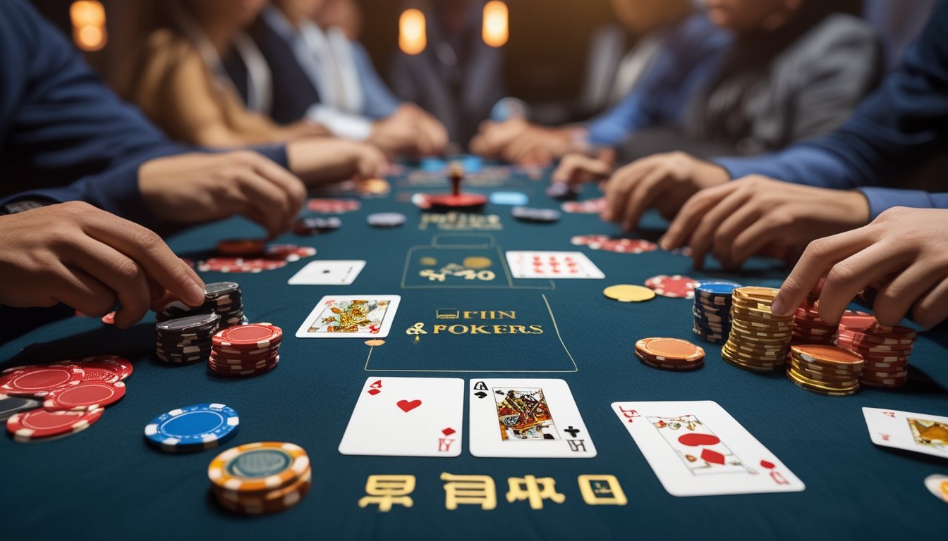 Meja poker dengan dua permainan berbeda, Spin & Go Poker di satu sisi dengan roda putar kecil dan kartu, serta Chinese Poker di sisi lain dengan beberapa susunan kartu di depan pemain.