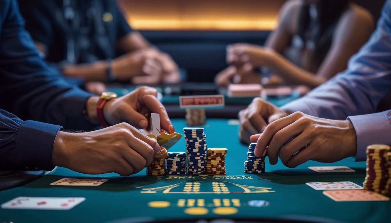 Dua pemain poker sedang bermain Spin & Go dan Chinese Poker di meja yang sama dengan kartu dan chip poker di depan mereka.