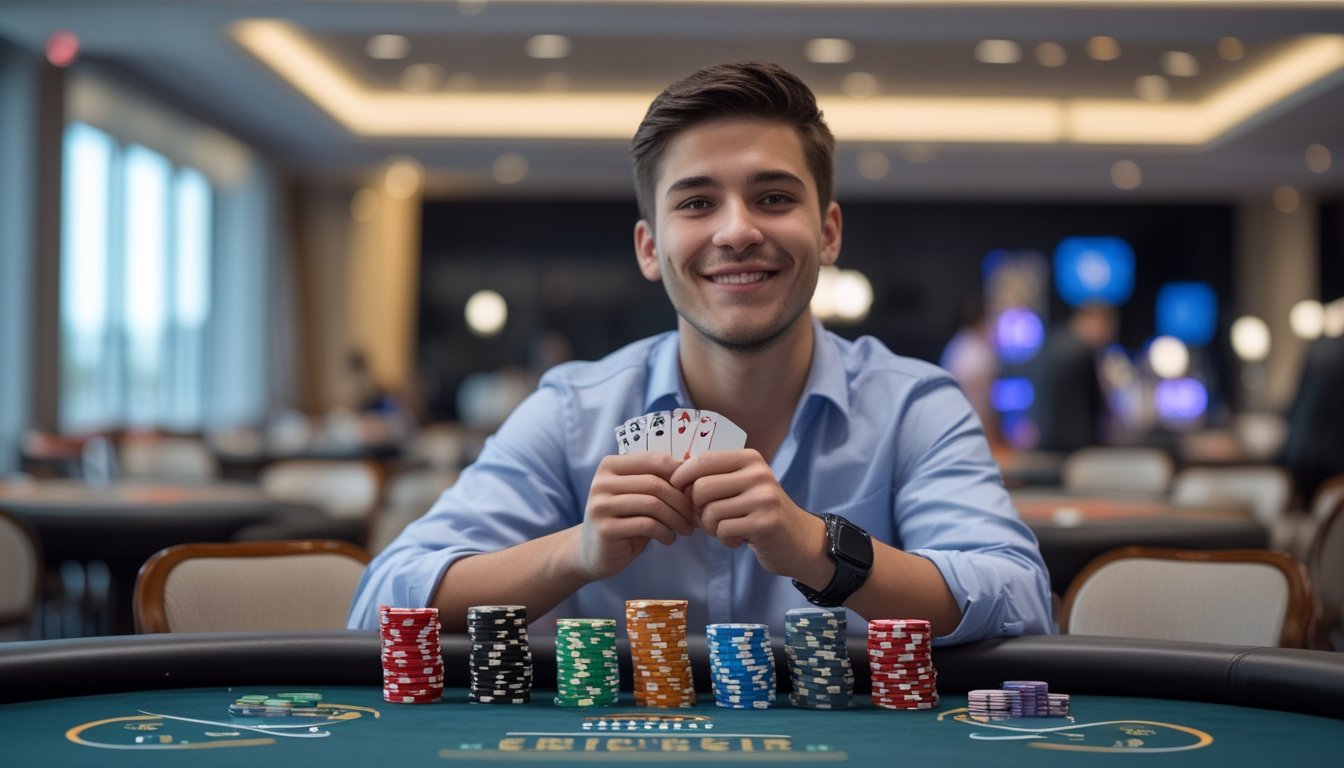 Seorang pemain poker pemula duduk di meja poker dengan tumpukan chip kecil, tersenyum sambil memegang kartu bermain.