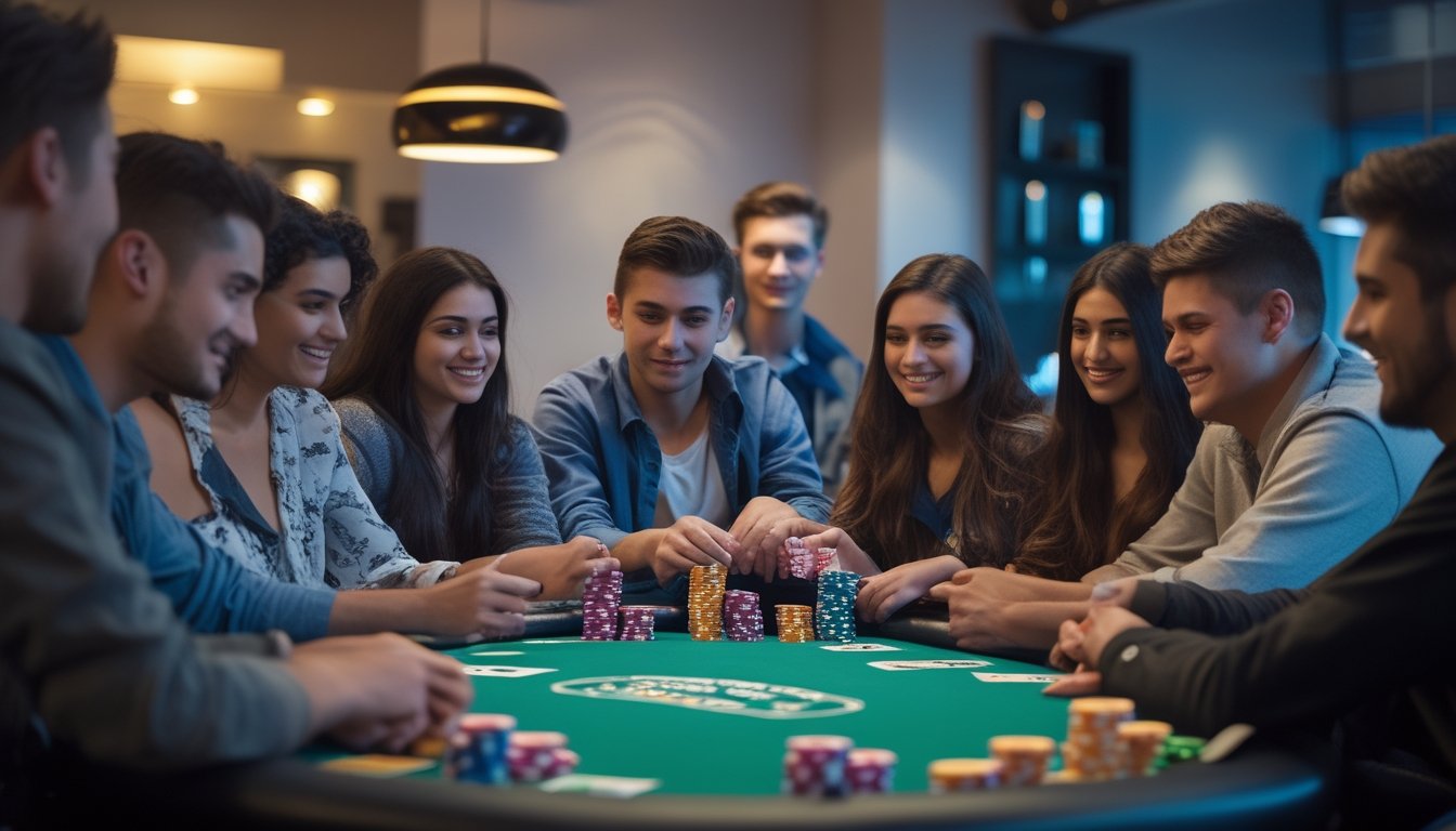 Sekelompok orang muda sedang bermain poker Spin & Go di meja dengan chip dan kartu, menunjukkan suasana permainan yang fokus dan menyenangkan.