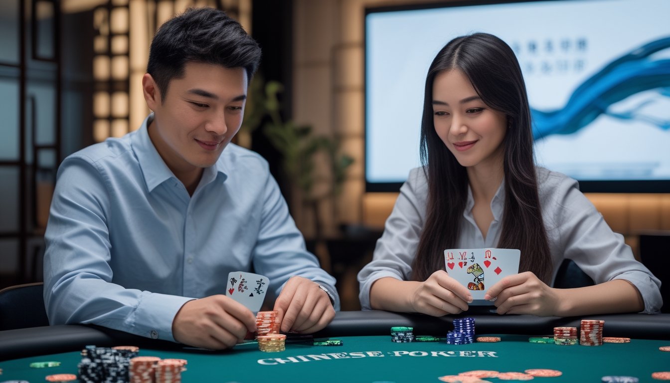 Dua orang Asia sedang bermain poker di meja dengan kartu dan chip, terlihat fokus dan santai dalam suasana ruang modern.