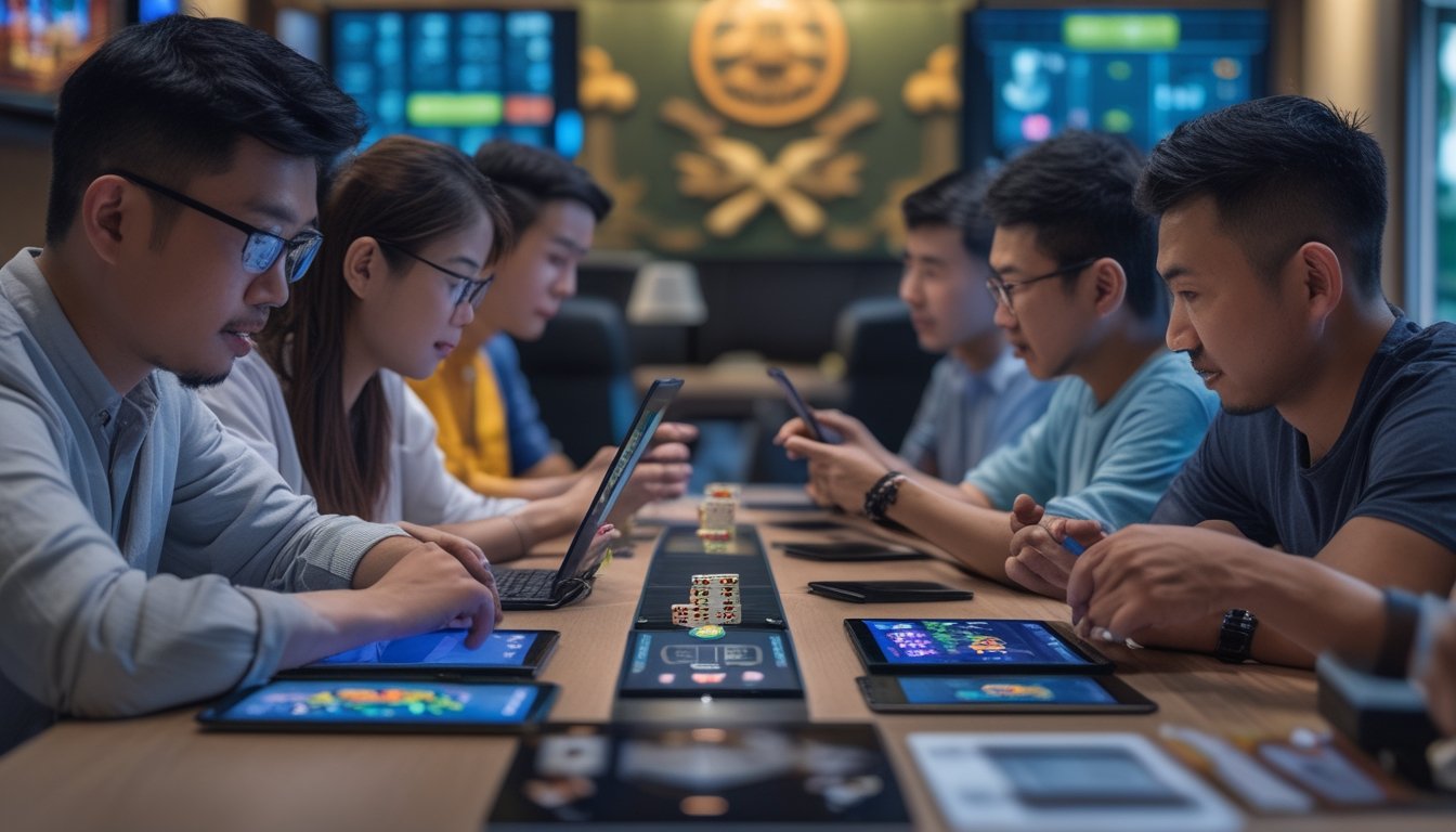 Sekelompok orang Asia muda bermain Chinese Poker online menggunakan perangkat digital di sebuah ruangan yang nyaman.