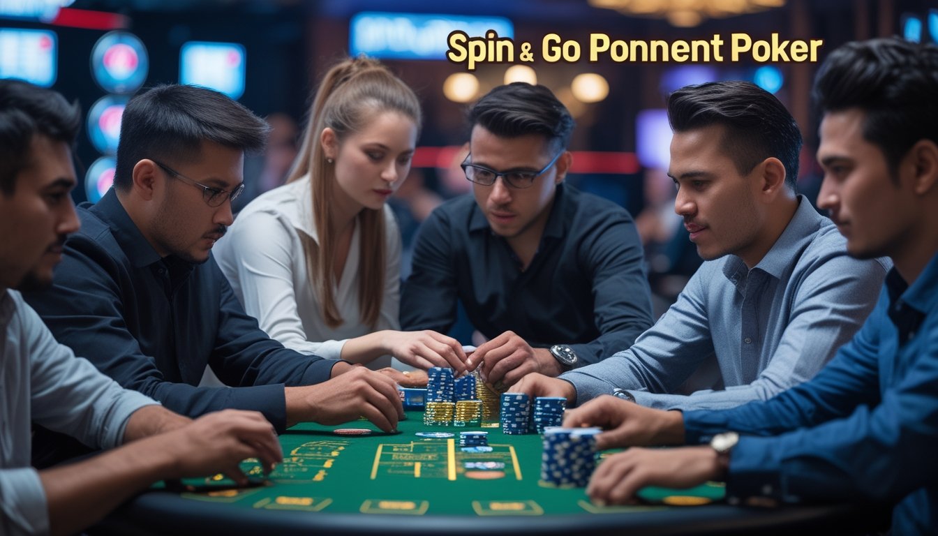 Meja poker dengan beberapa pemain fokus bermain kartu dan tumpukan chip, menunjukkan suasana turnamen poker singkat yang seru.