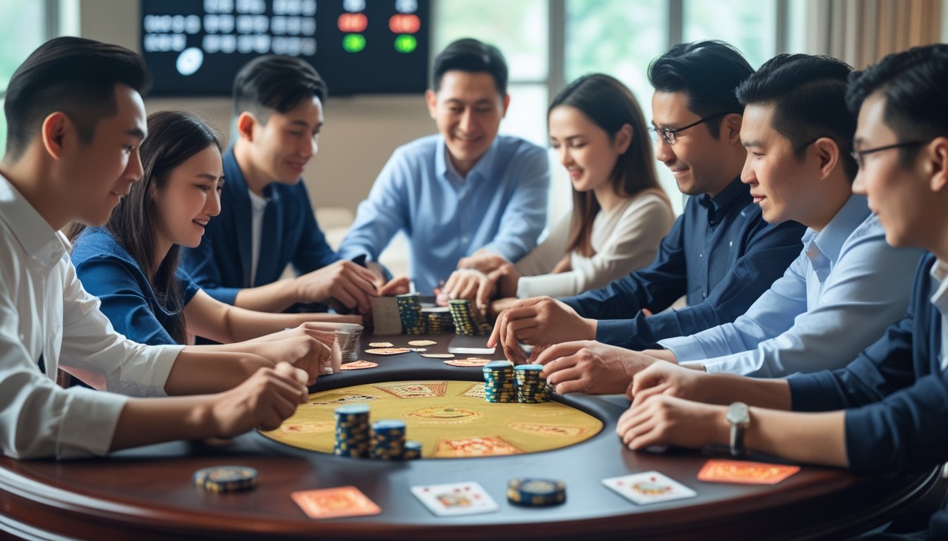 Sekelompok orang bermain Chinese Poker di meja kayu dengan kartu dan chip poker, tampak fokus dan serius.