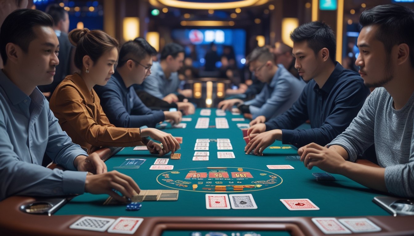 Sekelompok pemain sedang bermain Chinese Poker di meja poker dengan kartu tertata rapi, menunjukkan suasana permainan yang serius dan fokus.