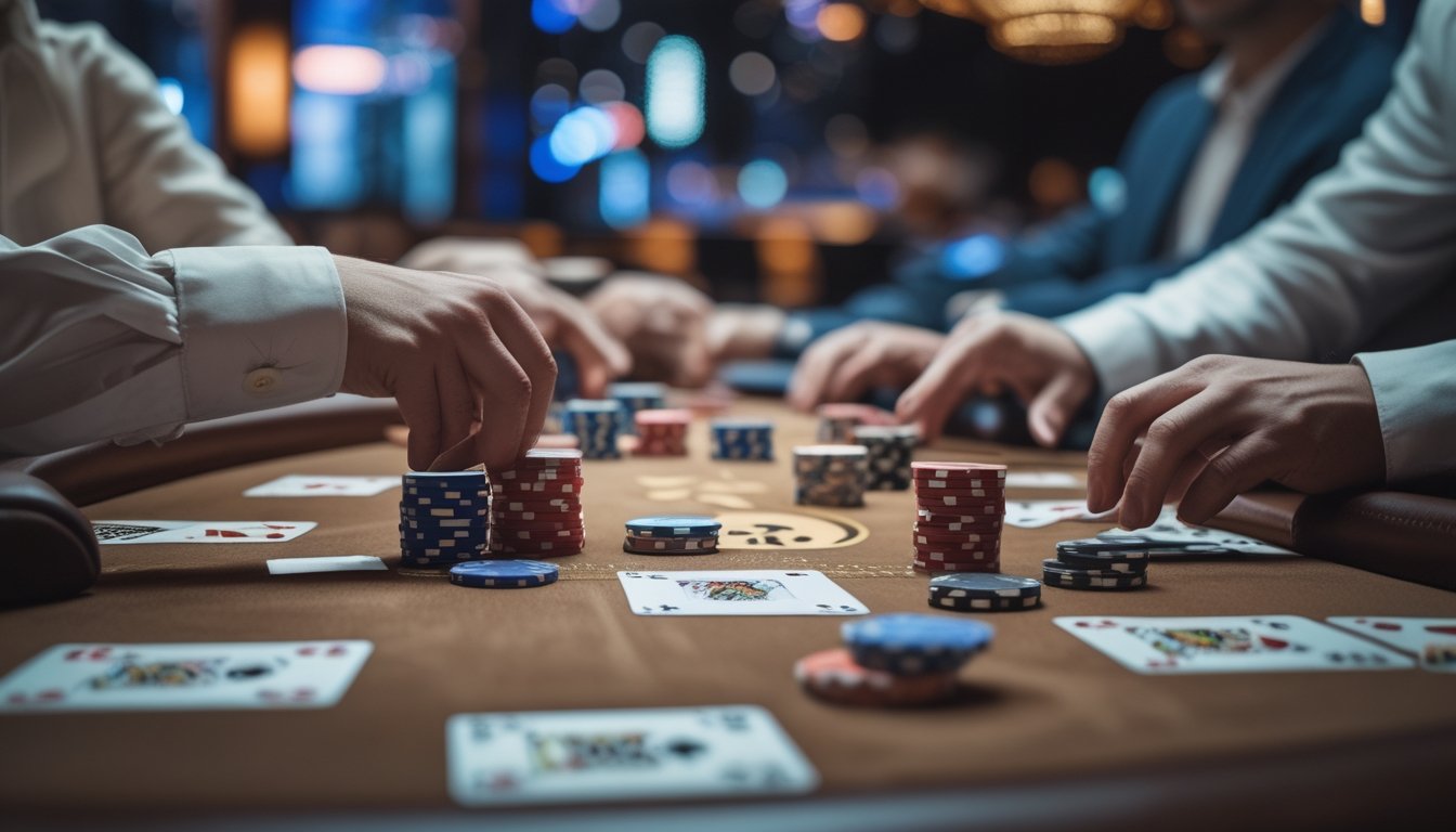 Meja poker dengan kartu dan tumpukan chip, beberapa tangan pemain sedang bermain di suasana kasino yang elegan.