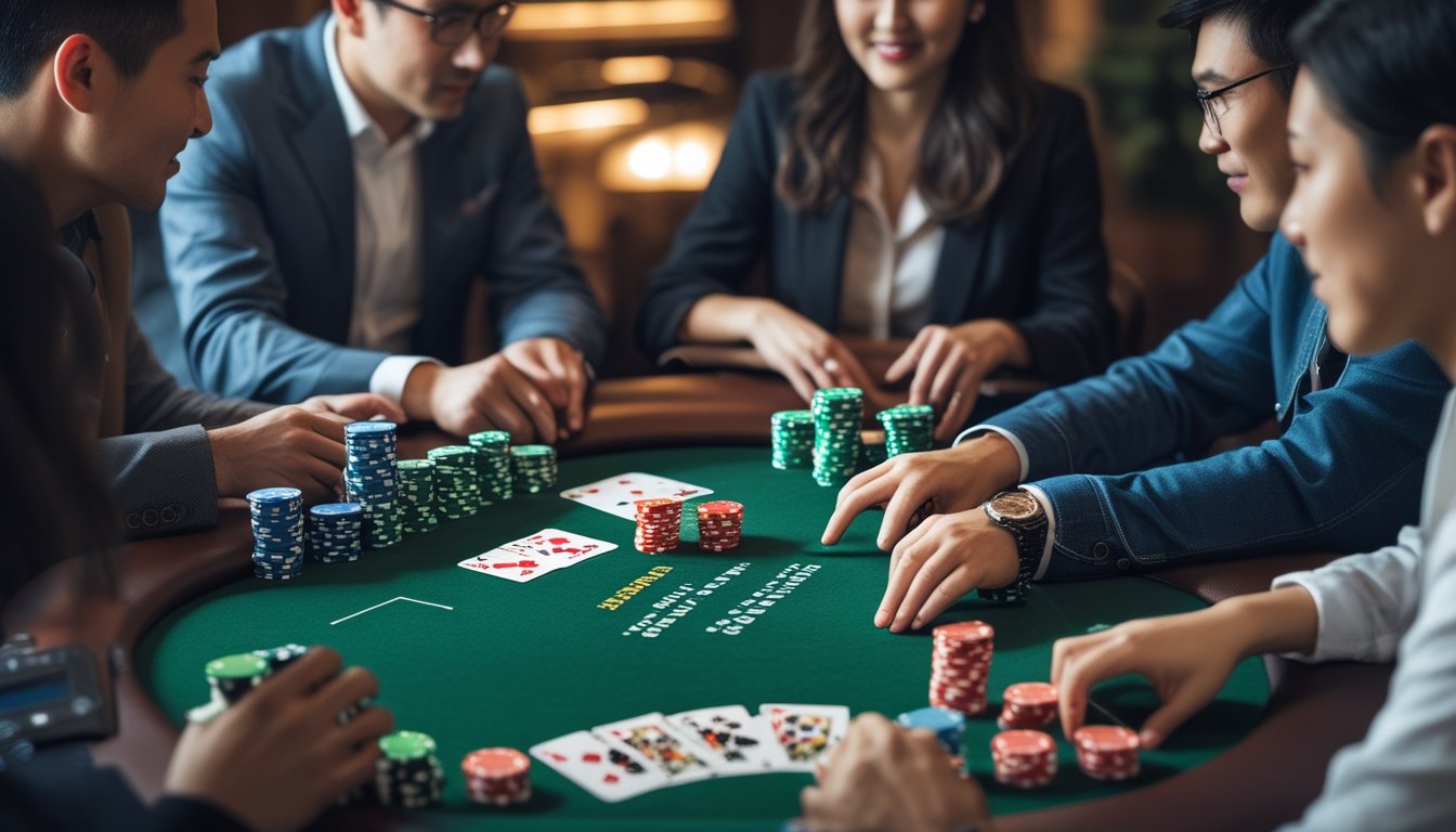Beberapa orang sedang bermain poker di meja hijau dengan kartu dan chip poker, suasana serius namun ramah.