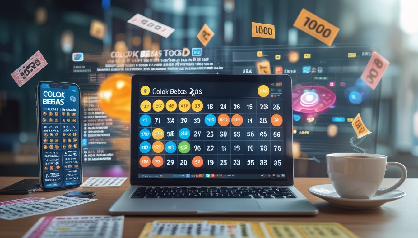 Seorang pria menggunakan laptop di meja kerja dengan tiket lotre dan ponsel yang menampilkan aplikasi taruhan.
