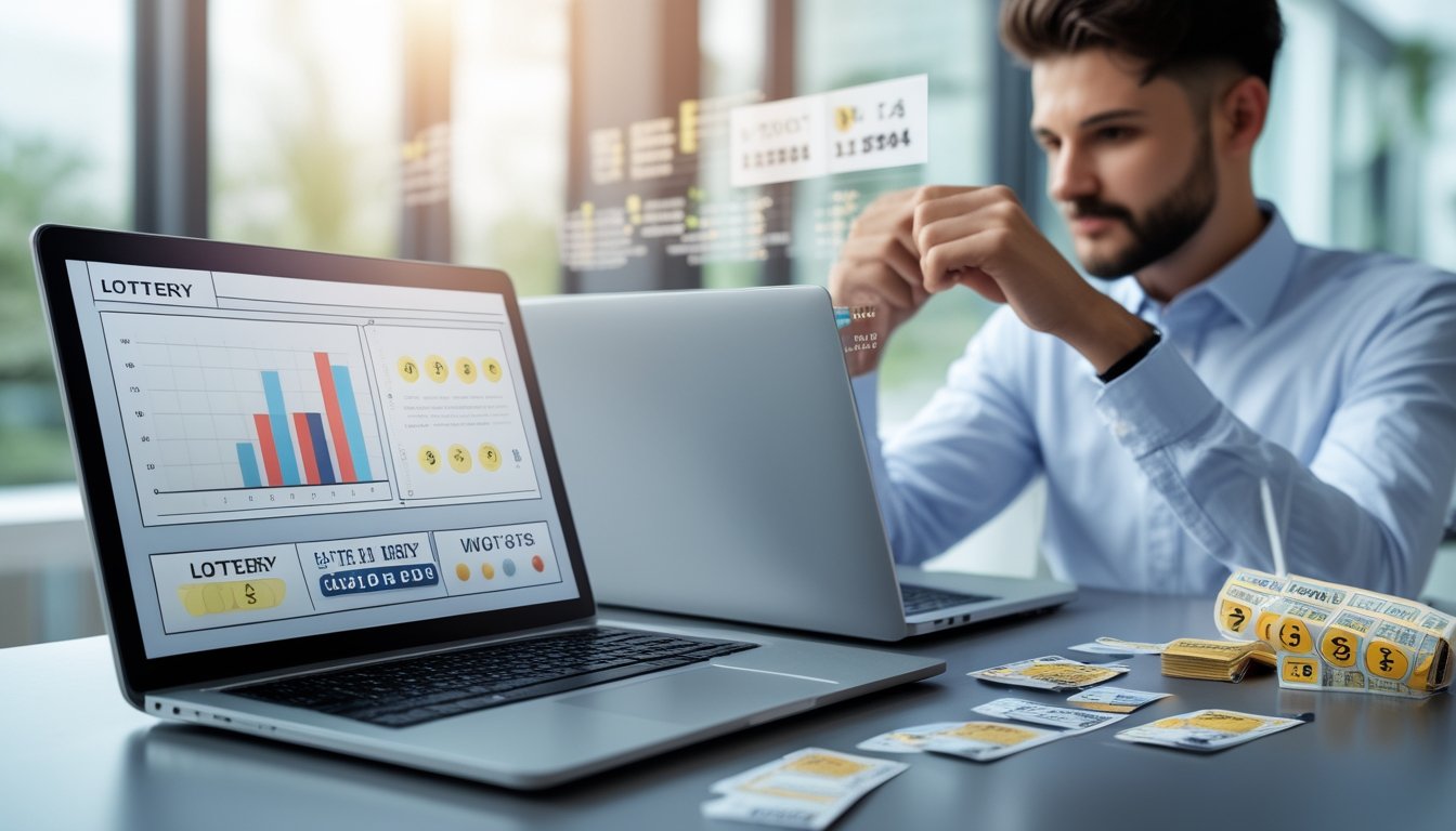 Sebuah ruang kerja modern dengan laptop, tiket togel, dan seseorang yang sedang menganalisis data angka togel pada layar digital.