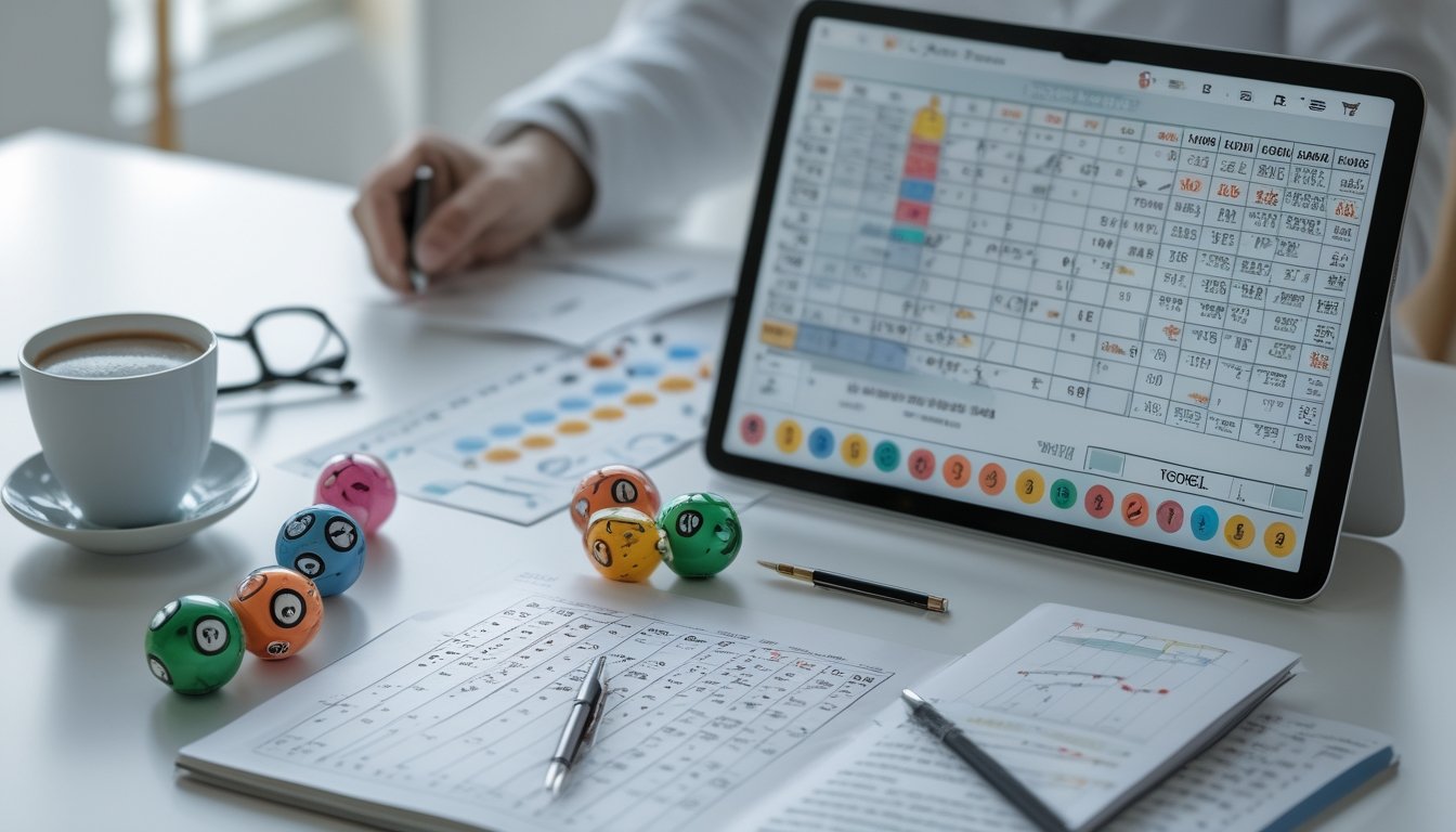 Seorang pria duduk di meja kerja dengan tiket togel, bola angka warna-warni, dan tablet yang menampilkan grafik statistik, sedang menganalisis peluang menang dalam permainan togel.