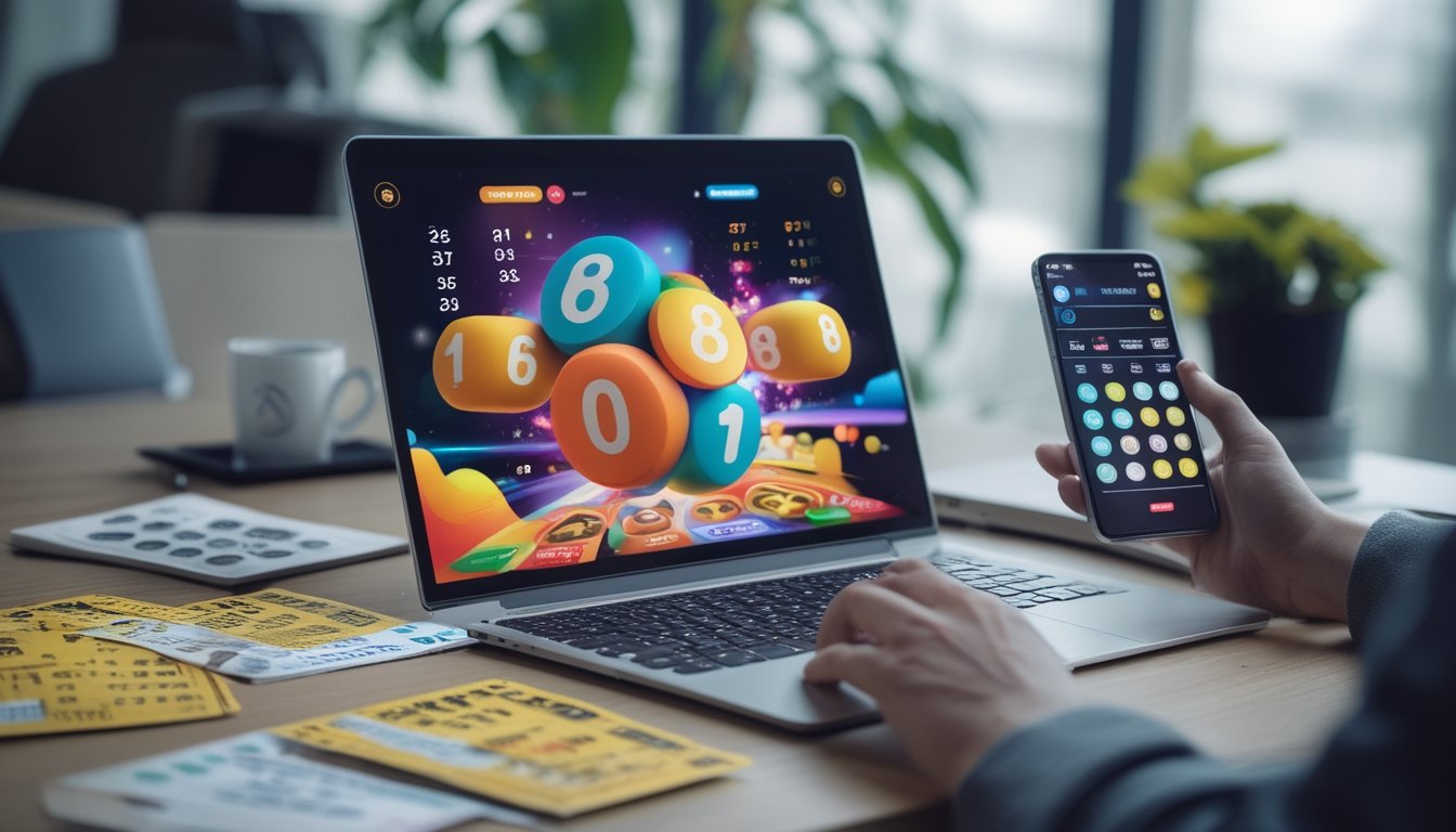 Seorang pemain togel online sedang menggunakan laptop dan smartphone di meja kerja dengan tiket togel dan secangkir kopi.