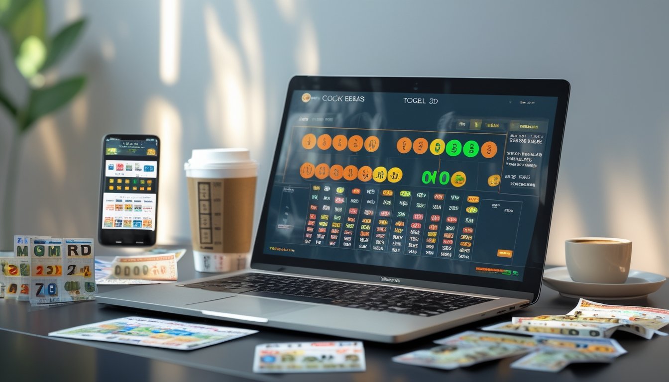 Sebuah meja kerja dengan laptop yang menampilkan angka togel, tiket togel, dan ponsel dengan aplikasi togel, menggambarkan aktivitas bermain togel online.