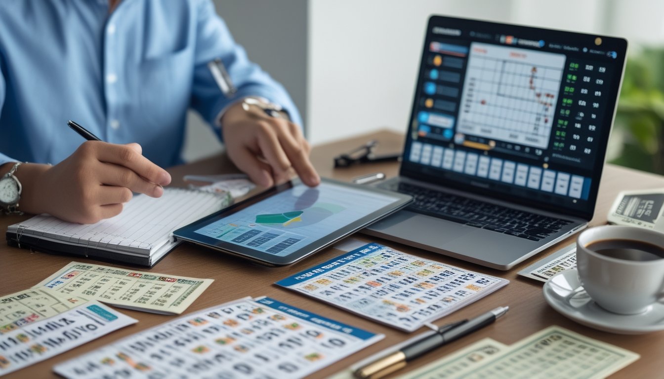 Seorang pria sedang menganalisis angka togel di meja kerja dengan tablet, laptop, tiket togel, dan catatan di sekitarnya.