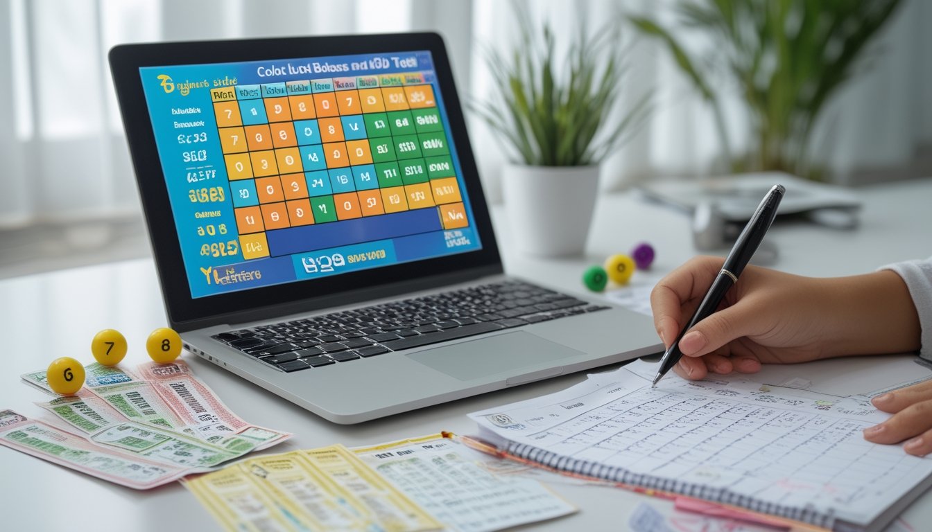 Meja kerja dengan laptop, tiket togel, bola bernomor, dan catatan tangan yang sedang digunakan untuk mempelajari permainan Colok Bebas dan Togel 3D.