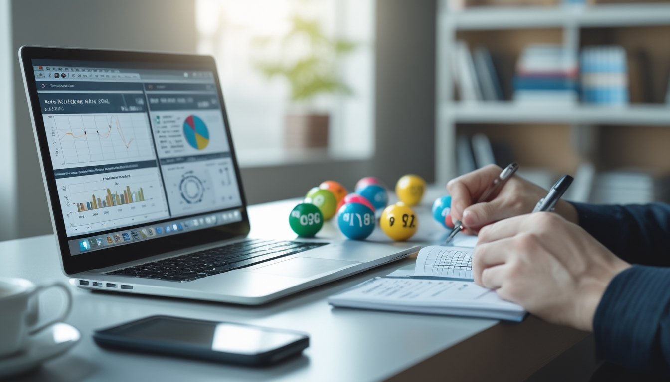 Seorang profesional sedang menganalisis data lotre dengan laptop dan catatan di meja kerja yang rapi, dikelilingi bola lotre bernomor.