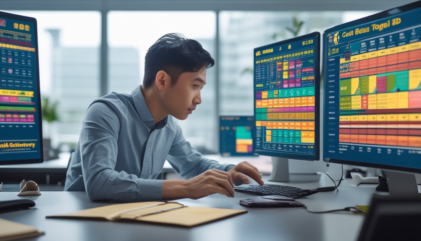 Seorang pria muda sedang bekerja dengan komputer dan tablet di meja kantor, menganalisis data angka dan grafik terkait permainan togel.