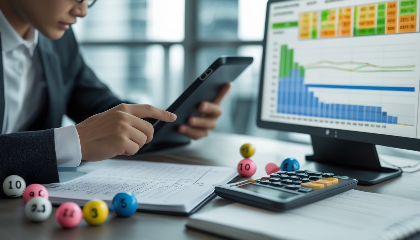 Seseorang sedang menganalisis angka togel menggunakan tablet di meja kerja dengan bola togel, kalkulator, dan catatan di sekitarnya.